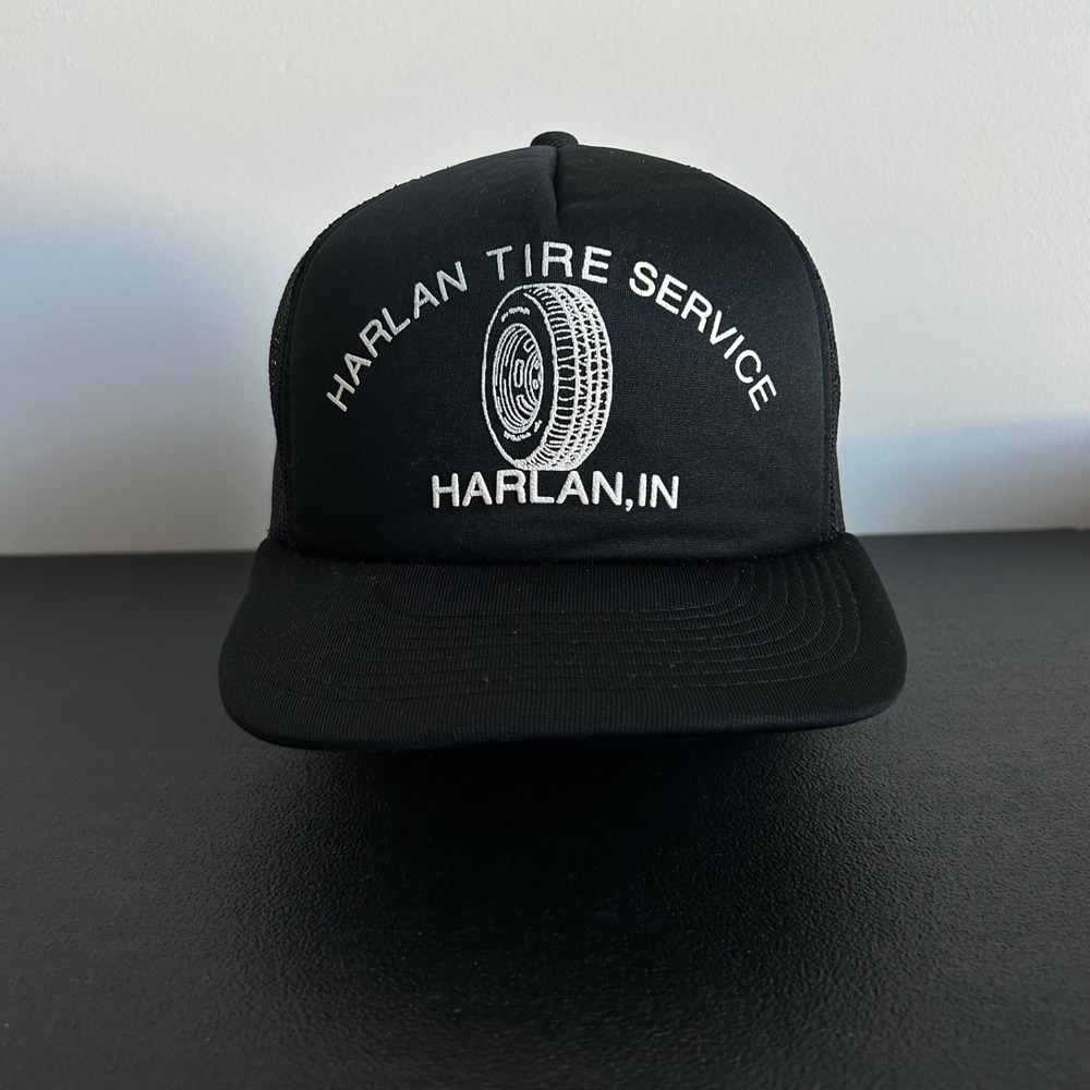 Vintage 90s Harlan Tire Service Trucker Hat Cap Snap Back Adjustable Black Adult